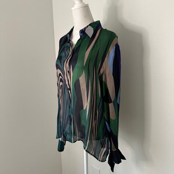Feraud black, green, blue & purple button down silk top size 44 - Picture 3 of 11